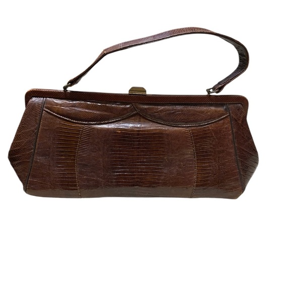Vintage Snakeskin Elegant Brown Leather Clutch with Brass Hardware